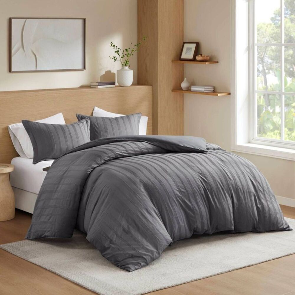 510 Design Queen Logan Woven Striped Duvet Cover Set Charcoal Gray